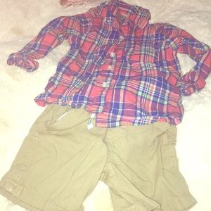 Multi color 24 month long sleeve with tan shorts